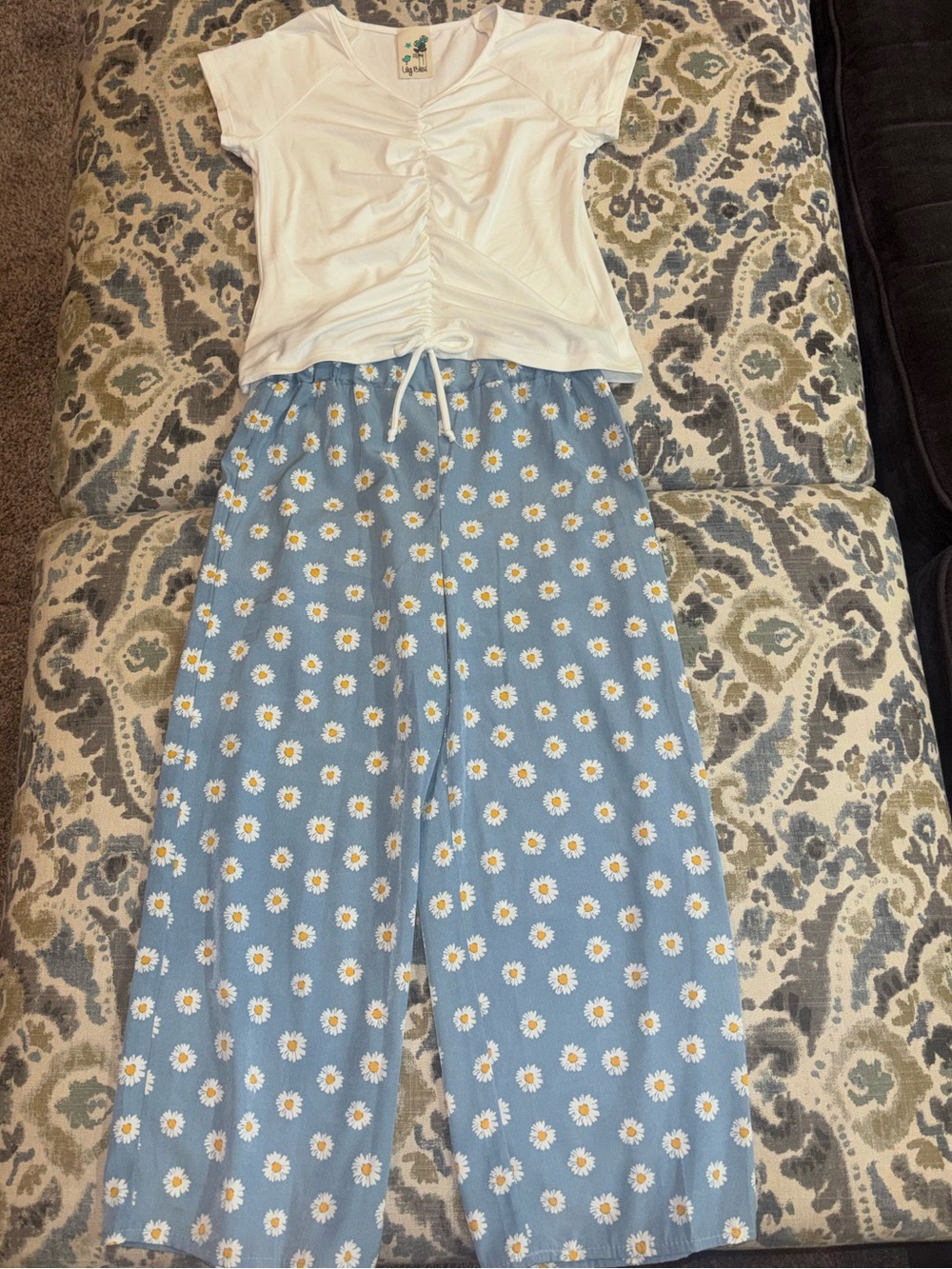 Light Blue Daisy Print Wide-Leg Pants with white shirt